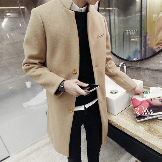 male winter stand collar single breasted brife slim Dust coat / men's solid color youyh pop plus velvet thick casual trench - CelebritystyleFashion.com.au online clothing shop australia