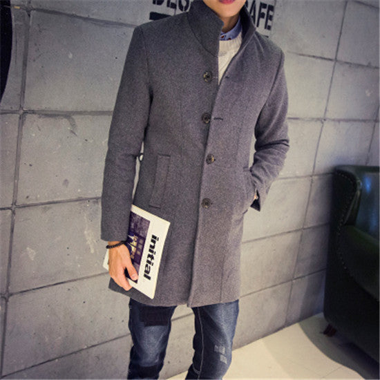 male winter stand collar single breasted brife slim Dust coat / men's solid color youyh pop plus velvet thick casual trench - CelebritystyleFashion.com.au online clothing shop australia