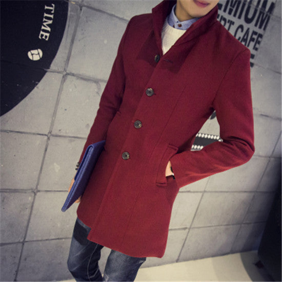 male winter stand collar single breasted brife slim Dust coat / men's solid color youyh pop plus velvet thick casual trench - CelebritystyleFashion.com.au online clothing shop australia