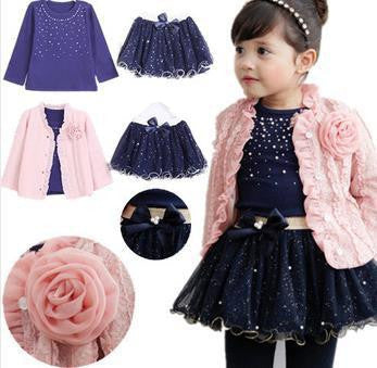 Spring baby girls clothing sets 3 pieces suit girls flower coat + blue T shirt + tutu skirt girls clothes - CelebritystyleFashion.com.au online clothing shop australia