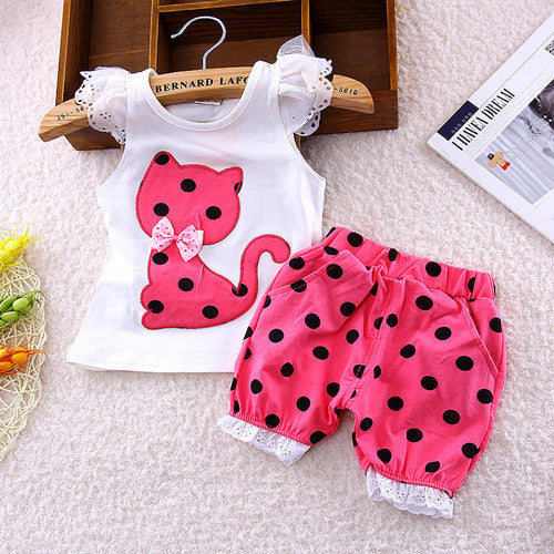Europe new summer children clothing set baby girls bow cat shirt + shorts suit 2pcs kids polka dot clothes suit 1-4 years - CelebritystyleFashion.com.au online clothing shop australia