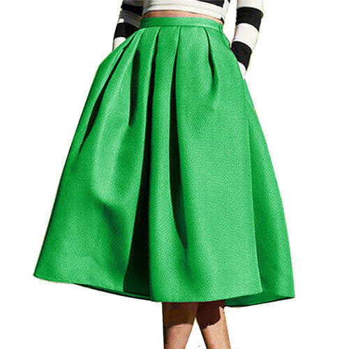Fashion Women's European Style Famous High Waist Pockets Flare Pleated Spring Latest Vintage A Line Midi Skirt-Dollar Bargains Online Shopping Australia