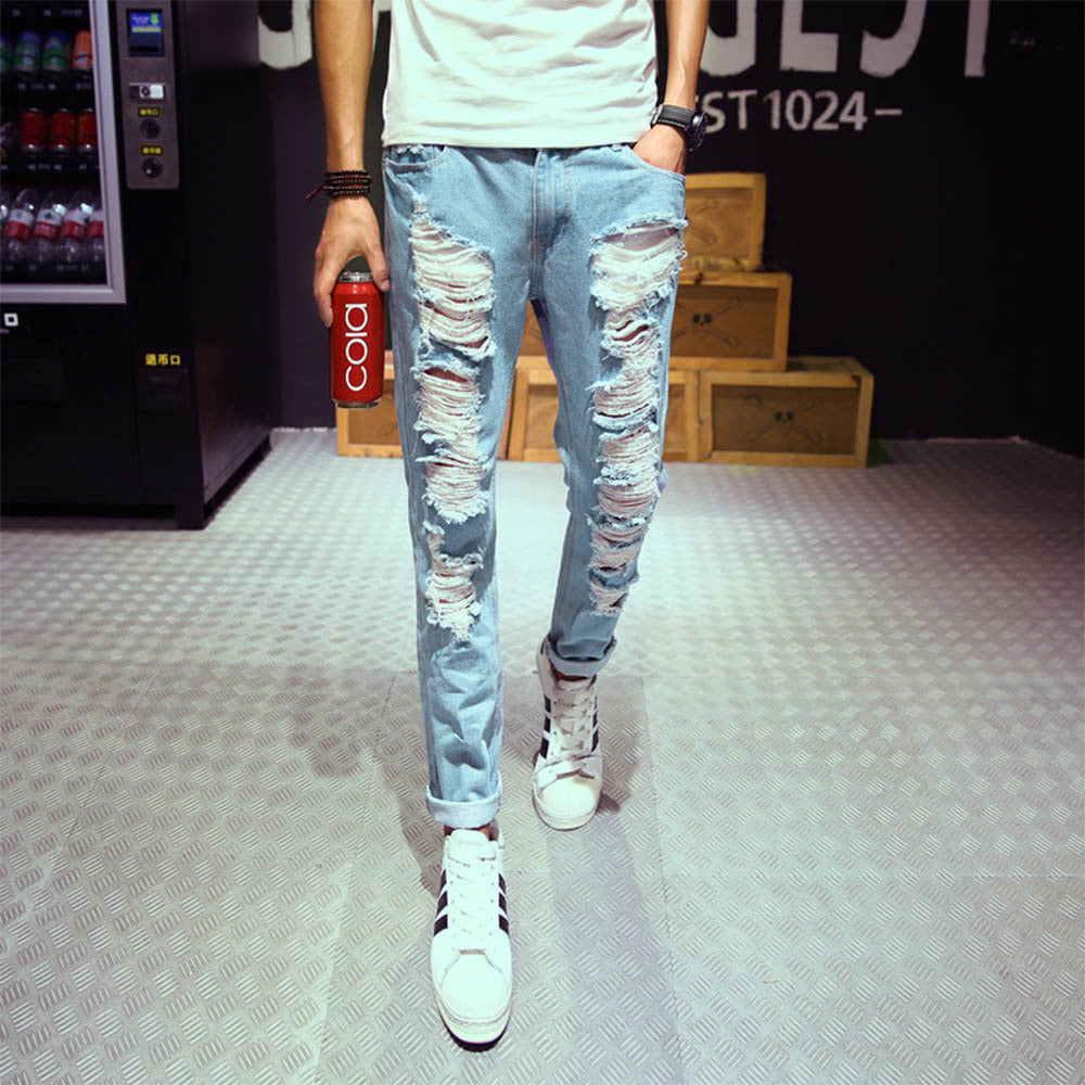 New mens jeans brand destroyed hole jeans straight men's robin jeans slim frayed denim true harem jeans for men - CelebritystyleFashion.com.au online clothing shop australia