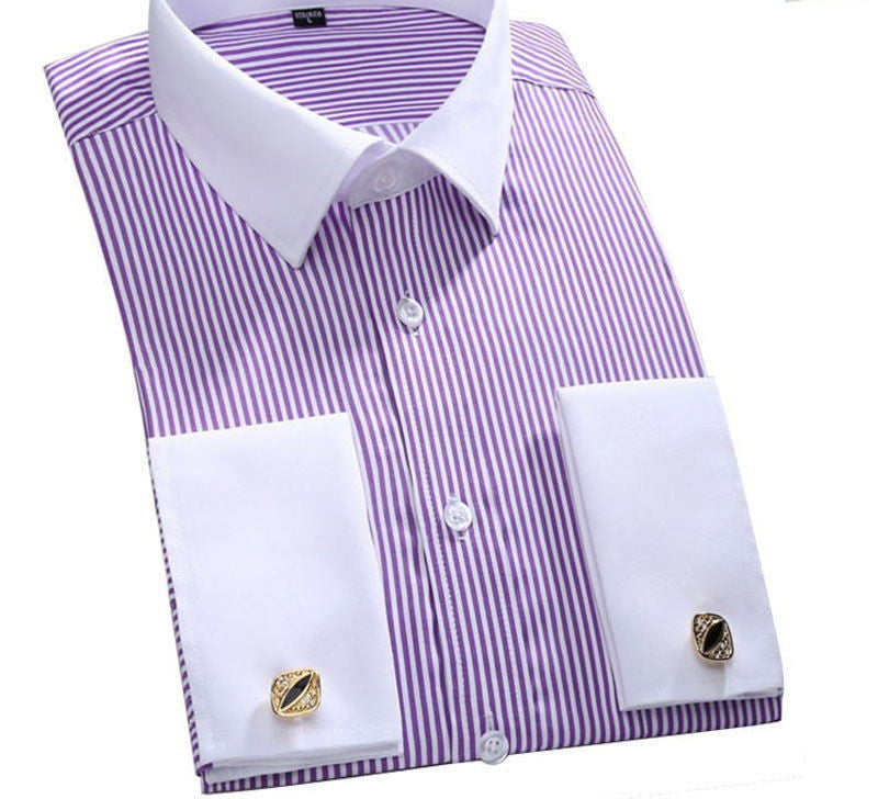 Striped Shirt Men New Mens Dress Shirt French Cuff Tailored Slim Fit Free Long Sleeve Shirt For Cufflinks Camisa - CelebritystyleFashion.com.au online clothing shop australia