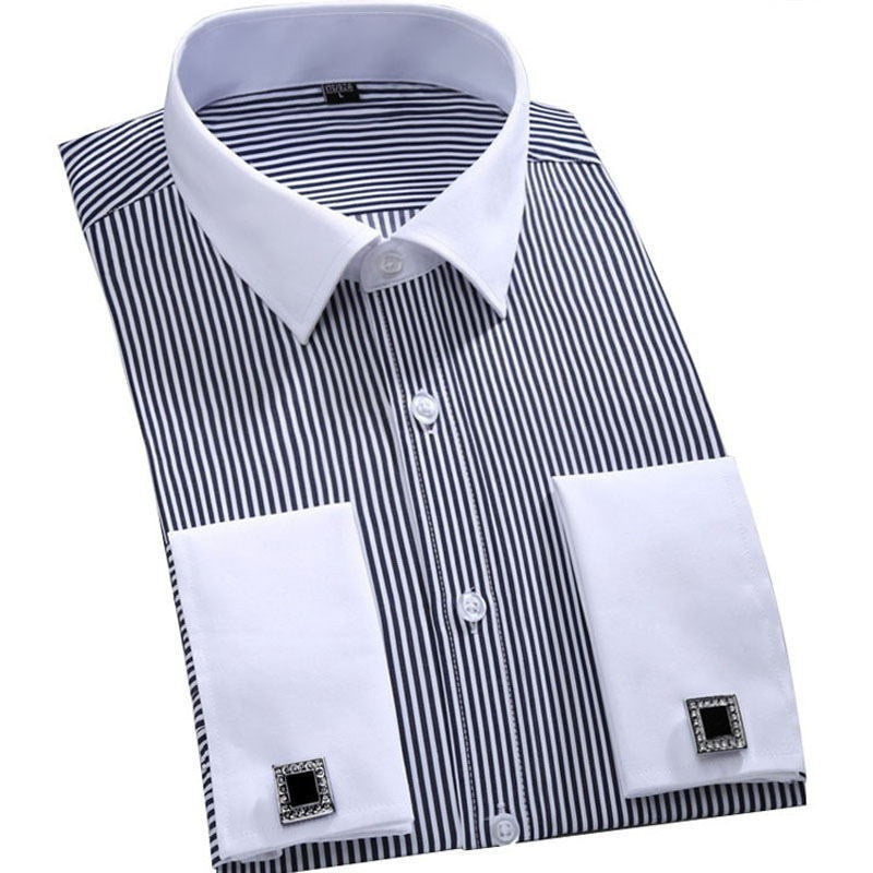 Striped Shirt Men New Mens Dress Shirt French Cuff Tailored Slim Fit Free Long Sleeve Shirt For Cufflinks Camisa - CelebritystyleFashion.com.au online clothing shop australia