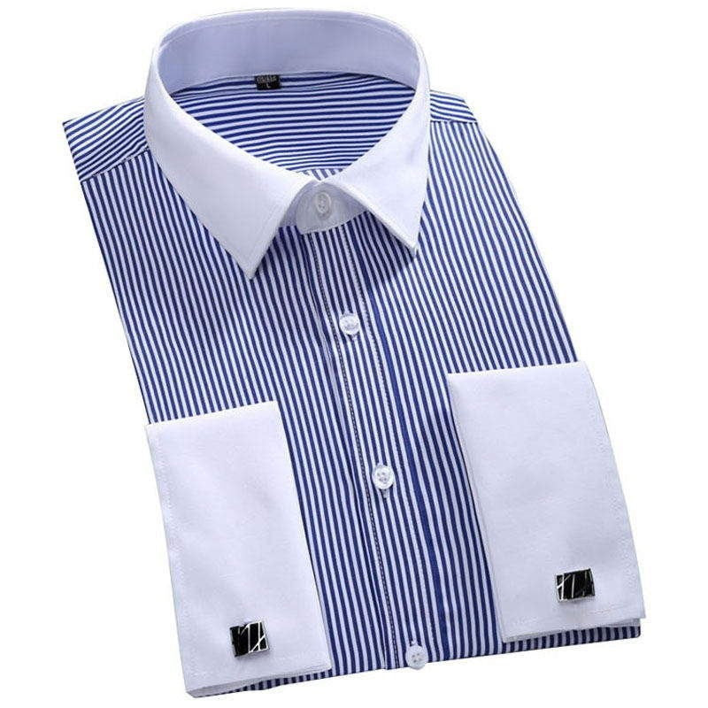 Striped Shirt Men New Mens Dress Shirt French Cuff Tailored Slim Fit Free Long Sleeve Shirt For Cufflinks Camisa - CelebritystyleFashion.com.au online clothing shop australia