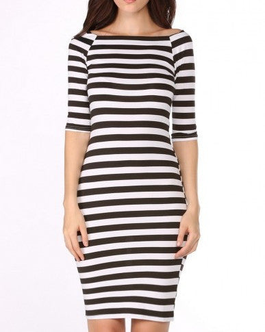 Summer Women's Fashion Bodycon Long Party Dresses Sexy Off The Shoulder Casual Striped Work OL One Piece Dress Blue-Dollar Bargains Online Shopping Australia