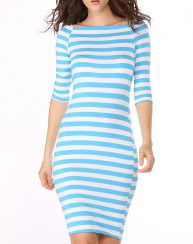 Summer Women's Fashion Bodycon Long Party Dresses Sexy Off The Shoulder Casual Striped Work OL One Piece Dress Blue-Dollar Bargains Online Shopping Australia