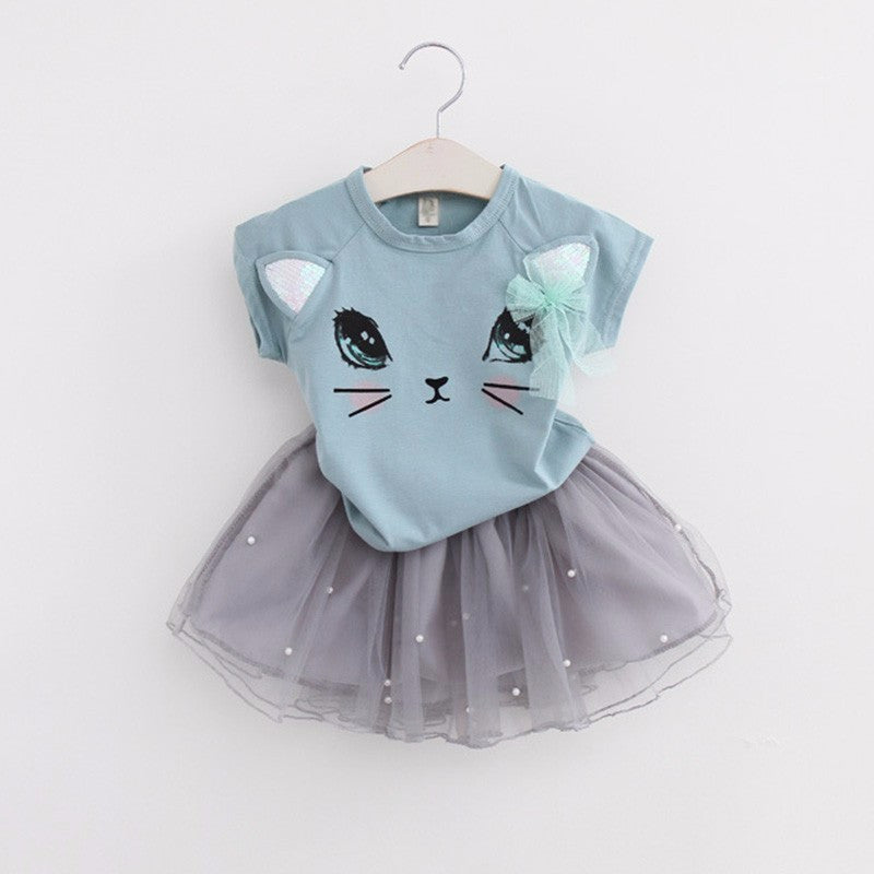 Summer Girls Dress Clothing Sets Fashion Cotton Short Sleeve T-shirt+Organza Skirts Children Kids Girl Clothes 2pcs Set-Dollar Bargains Online Shopping Australia