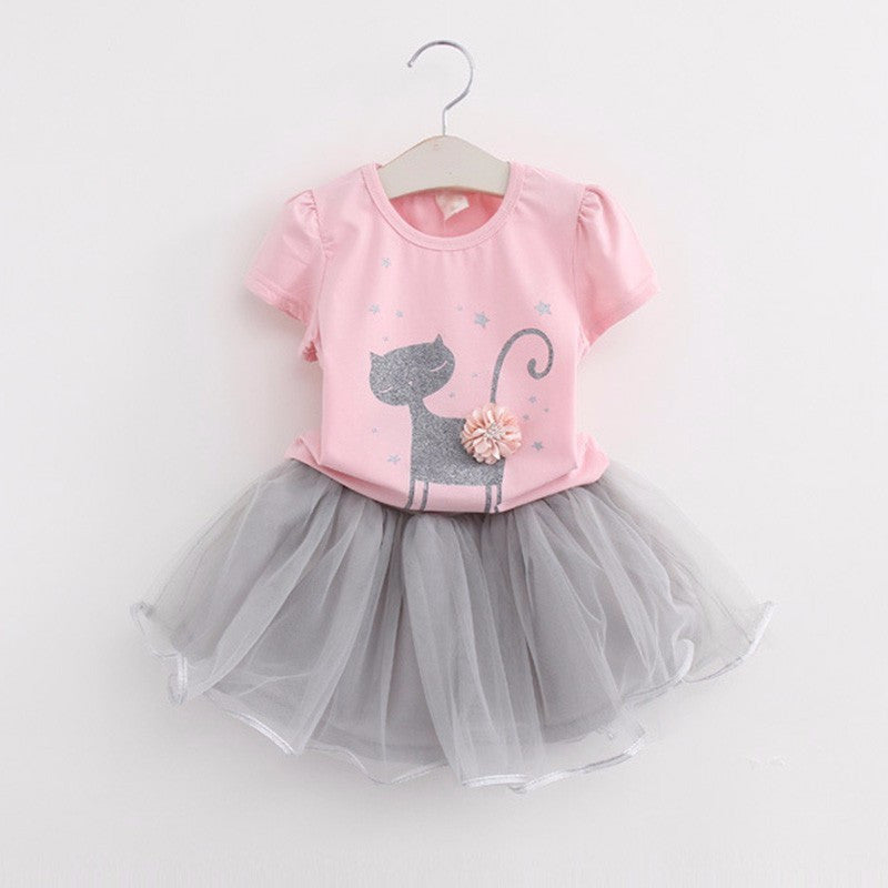 Summer Girls Dress Clothing Sets Fashion Cotton Short Sleeve T-shirt+Organza Skirts Children Kids Girl Clothes 2pcs Set-Dollar Bargains Online Shopping Australia