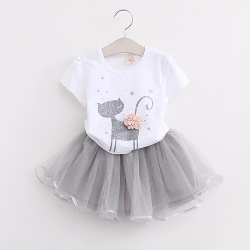 Summer Girls Dress Clothing Sets Fashion Cotton Short Sleeve T-shirt+Organza Skirts Children Kids Girl Clothes 2pcs Set-Dollar Bargains Online Shopping Australia