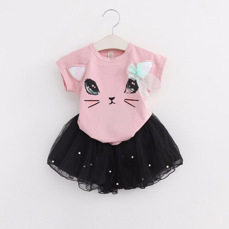 Summer Girls Dress Clothing Sets Fashion Cotton Short Sleeve T-shirt+Organza Skirts Children Kids Girl Clothes 2pcs Set-Dollar Bargains Online Shopping Australia