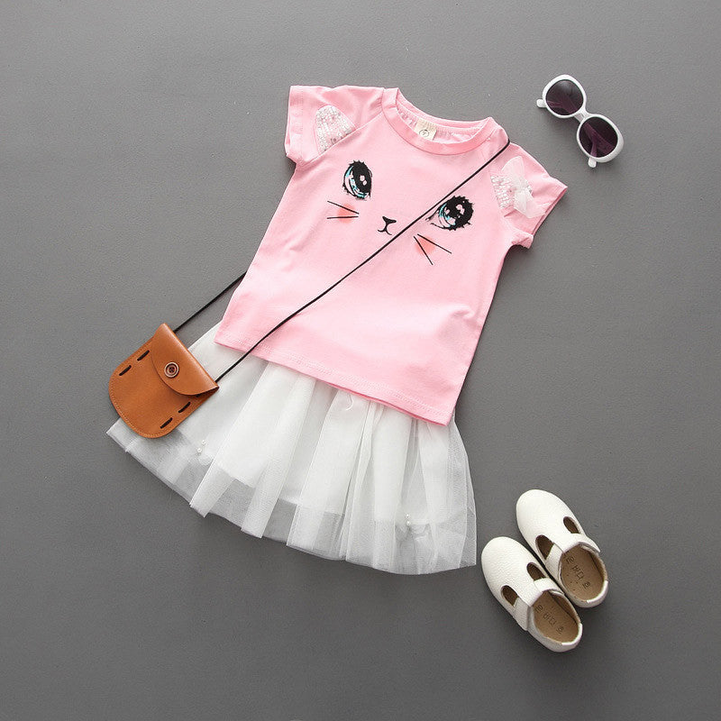 Summer Girls Dress Clothing Sets Fashion Cotton Short Sleeve T-shirt+Organza Skirts Children Kids Girl Clothes 2pcs Set-Dollar Bargains Online Shopping Australia