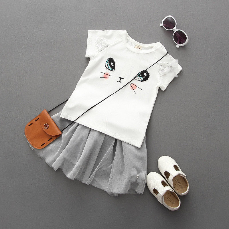 Summer Girls Dress Clothing Sets Fashion Cotton Short Sleeve T-shirt+Organza Skirts Children Kids Girl Clothes 2pcs Set-Dollar Bargains Online Shopping Australia