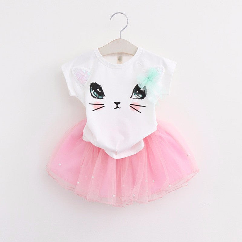 Summer Girls Dress Clothing Sets Fashion Cotton Short Sleeve T-shirt+Organza Skirts Children Kids Girl Clothes 2pcs Set-Dollar Bargains Online Shopping Australia