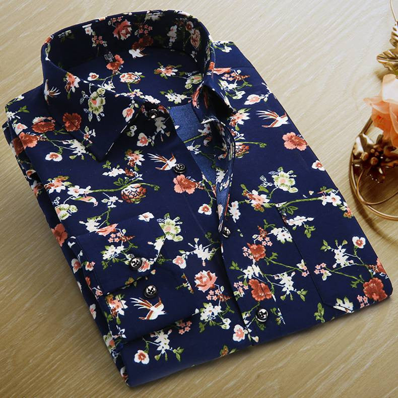 New Spring Men Casual Shirts Fashion Long Sleeve Brand Printed Button-Up Formal Business Polka Dot Floral Men Dress Shirt - CelebritystyleFashion.com.au online clothing shop australia