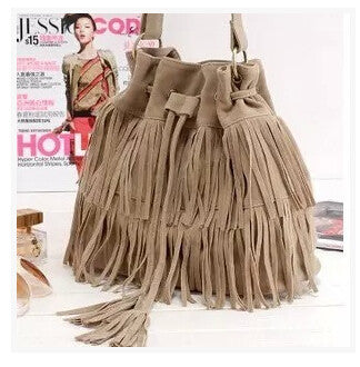 Women Suede Drawstring Bucket Bag Women vintage Handbag Faux Fringe Tassel Shoulder bags lady Messenger Bag WHC7521-Dollar Bargains Online Shopping Australia