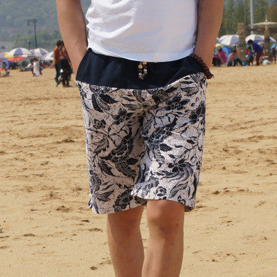 Men's linen shorts personality ethnic style color stitching summer new leisure wild men loose floral beach shorts M-5XL - CelebritystyleFashion.com.au online clothing shop australia