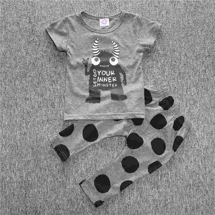 OneToo New kids baby summer sets newborn cotton short sleeved dots monster cutce cartoon T-shirt + pants children suit 0-3Y 1079 - CelebritystyleFashion.com.au online clothing shop australia