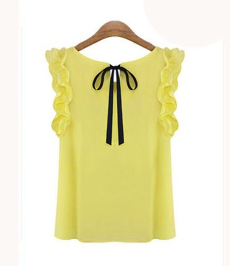 Womens Blouses Chiffon Shirts O-neck Lotus Leaf Pullover Lacing Bow Size S-XL-Dollar Bargains Online Shopping Australia