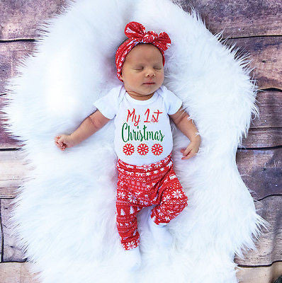 Newborn Baby Girl Clothes Set Xmas Christmas Baby Kids Girls Boys Long Sleeve Romper Top+Pant+Hat headband Clothes Set - CelebritystyleFashion.com.au online clothing shop australia