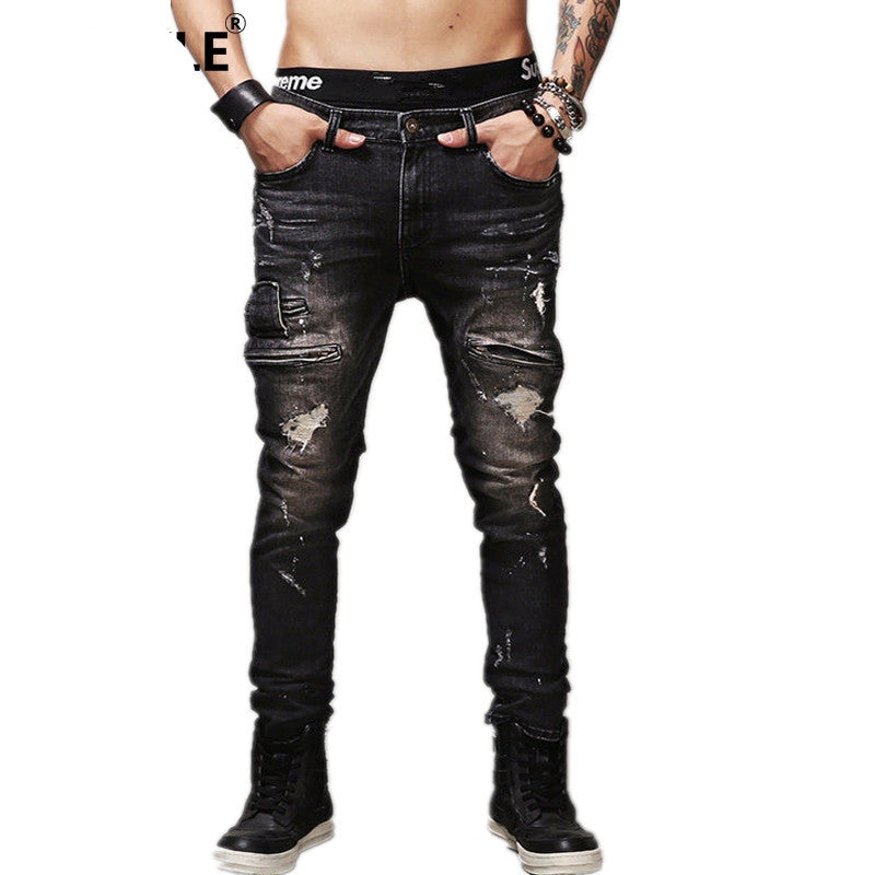 High Quality Mens Ripped Biker Jeans 100% Cotton Black Slim Fit Motorcycle Jeans Men Vintage Distressed Denim Jeans Pants Q1566 - CelebritystyleFashion.com.au online clothing shop australia