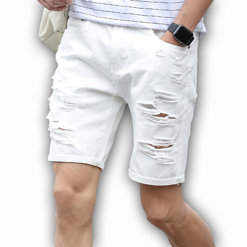 Mens Denim Shorts Slim Regular Casual Knee Length Short Hole Jeans Shorts For Men New Summer White Blue - CelebritystyleFashion.com.au online clothing shop australia