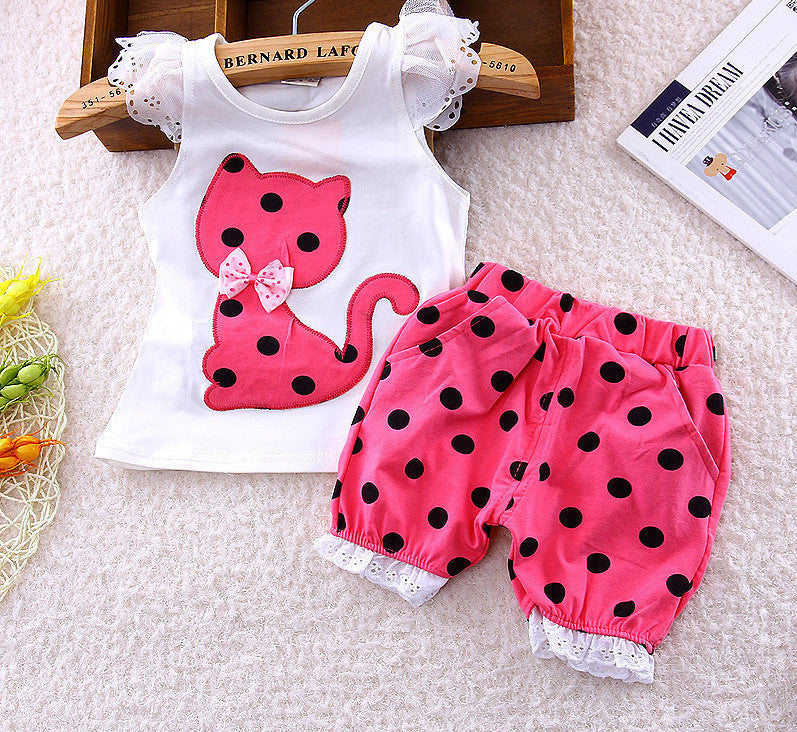 Europe new summer children clothing set baby girls bow cat shirt + shorts suit 2pcs kids polka dot clothes suit 1-4 years - CelebritystyleFashion.com.au online clothing shop australia