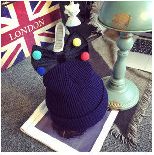 Lovely Girls Knitted Wool Solid knitted Hats Cute Mix Color Ball Bow-knot gorro for kids girls children beanies hedging - CelebritystyleFashion.com.au online clothing shop australia
