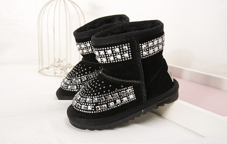 Winter New Fashion Children Snow Boots rhinestone Kids Leather Boots Warm Shoes With Fur Princess Baby Girls Ankle Boots - CelebritystyleFashion.com.au online clothing shop australia