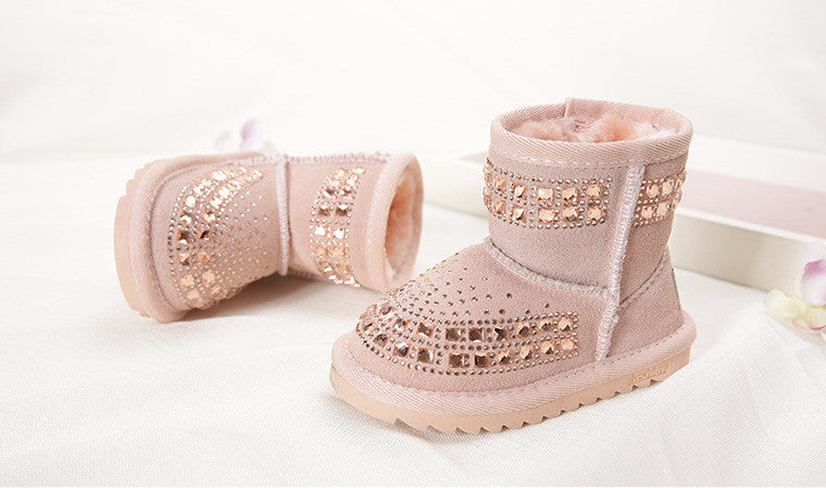 Winter New Fashion Children Snow Boots rhinestone Kids Leather Boots Warm Shoes With Fur Princess Baby Girls Ankle Boots - CelebritystyleFashion.com.au online clothing shop australia