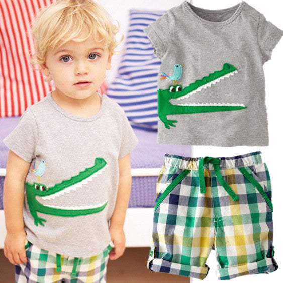 HE Hello Enjoy Boy clothing set Casual kids clothes Summer boys clothes short anima T-Shirt + Plaid pants baby girl outfit - CelebritystyleFashion.com.au online clothing shop australia