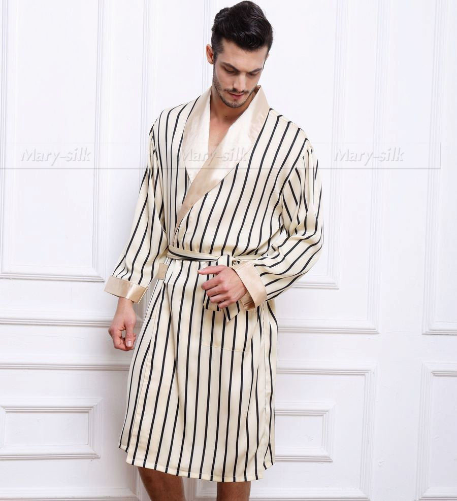 Mens Silk Satin Pajamas Pajama Pyjamas PJS Sleepwear Robe Robes Nightgown Robes S M L XL 2XL 3XL Plus Beige Blue Striped - CelebritystyleFashion.com.au online clothing shop australia