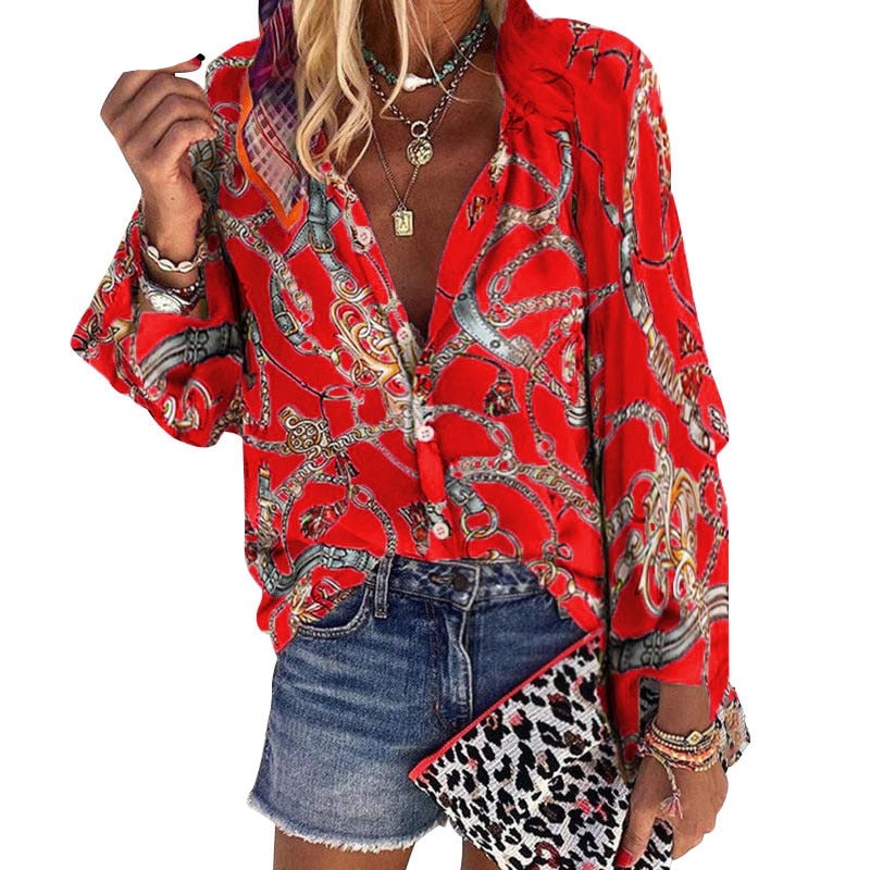 Women Blouse V-neck Long Sleeve Chains Print Loose casual Shirts Tops Blouses