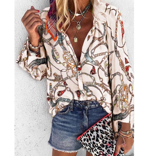 Women Blouse V-neck Long Sleeve Chains Print Loose casual Shirts Tops Blouses