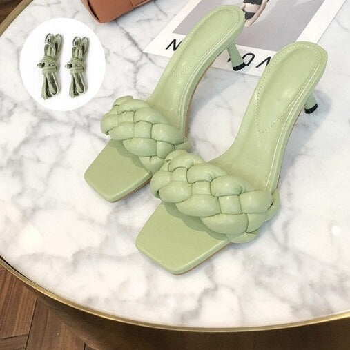 Weave Women Slipper Thin High Heel Sandal Open Toe Slip On Summer Outdoor Slides Flip Flop Shoe