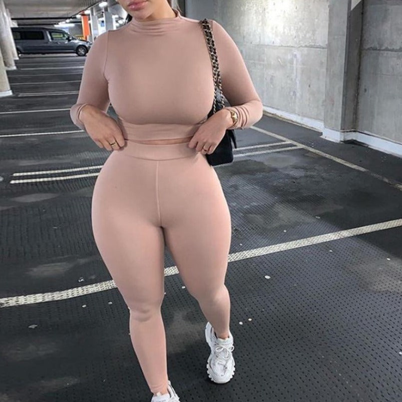 Tracksuit women turtleneck full sleeveless crop top+leggings matching set stretchy sporty fitness casual outfits-Dollar Bargains Online Shopping Australia