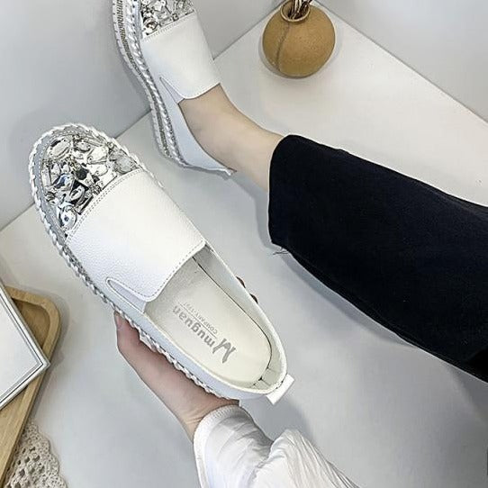Crystals Round Toe Leather Flats Shoes Women Silver Bling Loafers Couple Platform Shoes Woman Flat With Students Size 43