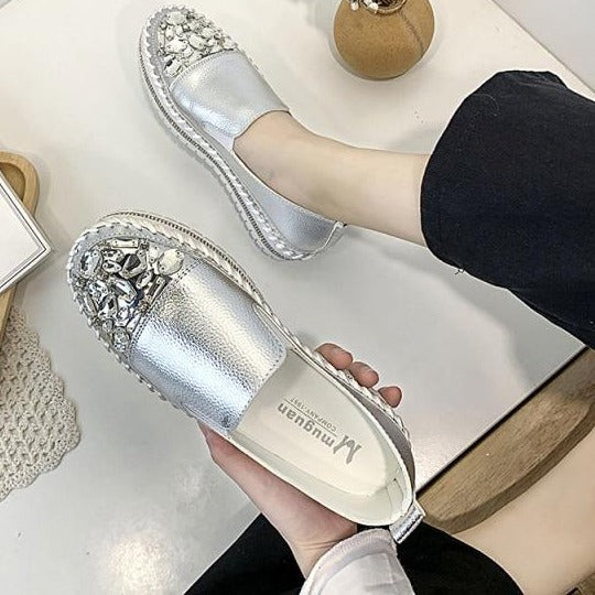Crystals Round Toe Leather Flats Shoes Women Silver Bling Loafers Couple Platform Shoes Woman Flat With Students Size 43
