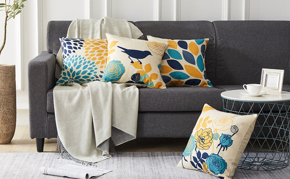 Cushion Covers Pillows Bed Cotton Line Flower Bird Printed Throw Pillow Cases Home Decor Sofa Chair Seat