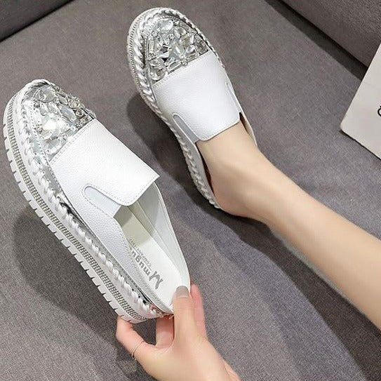 Crystals Round Toe Leather Flats Shoes Women Silver Bling Loafers Couple Platform Shoes Woman Flat With Students Size 43