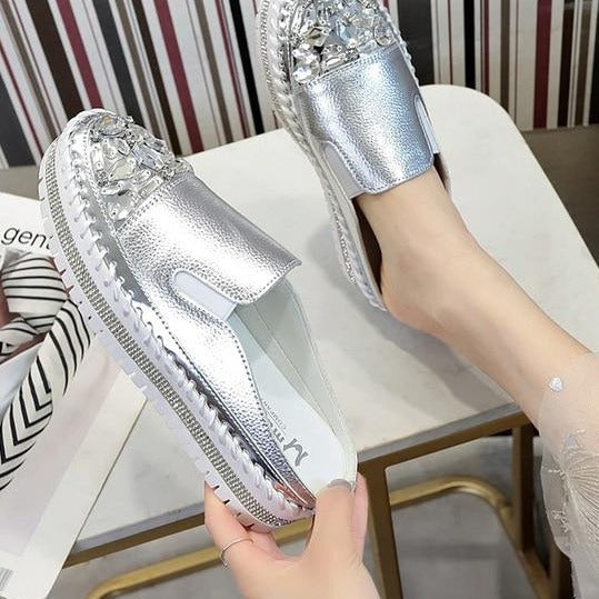 Crystals Round Toe Leather Flats Shoes Women Silver Bling Loafers Couple Platform Shoes Woman Flat With Students Size 43