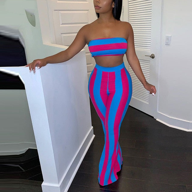 Women Striped 2 piece set Women Outfits Crop Top Pants two pieces sets Summer Clothes for Female Sexy women's suit-Dollar Bargains Online Shopping Australia