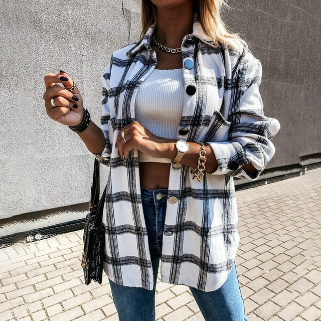 Autumn Spring Long Plaid Shirt Women Casual White Long Sleeve Pocket Button Up Collared Shirt Top Clothes Fashion New 2021 Fall-Dollar Bargains Online Shopping Australia
