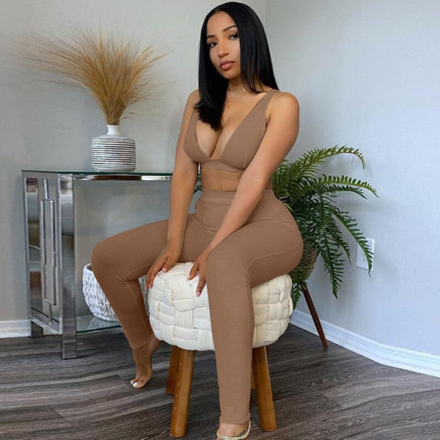 Sleeveless V-Neck Crop Tops Leggings 2 Pieces Set Winter Women Fashion Streetwear Outfits Sportswear Tracksuit-Dollar Bargains Online Shopping Australia