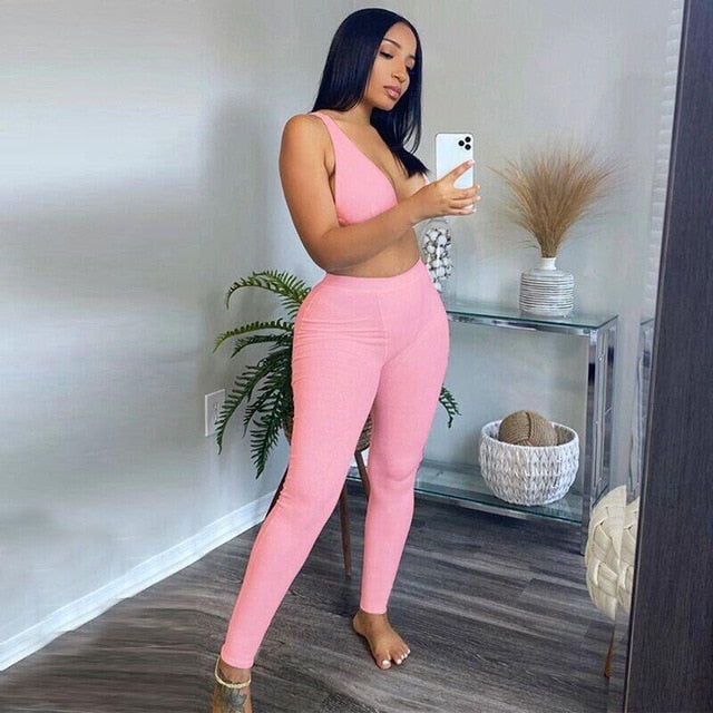 Sleeveless V-Neck Crop Tops Leggings 2 Pieces Set Winter Women Fashion Streetwear Outfits Sportswear Tracksuit-Dollar Bargains Online Shopping Australia