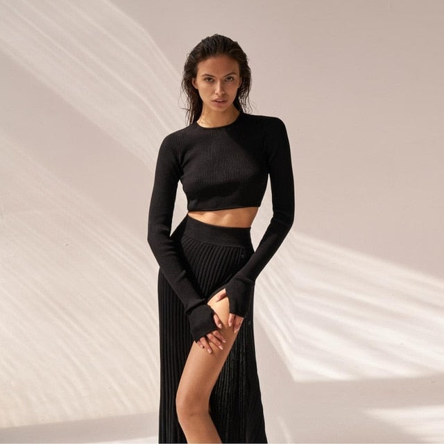Cryptographic Solid Sexy Sweater Cropped Top Midi Skirt Two Piece Set Women Matching Set Outfits Button Up Split Skirts Winter-Dollar Bargains Online Shopping Australia