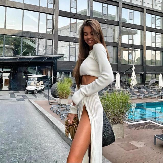 Cryptographic Solid Sexy Sweater Cropped Top Midi Skirt Two Piece Set Women Matching Set Outfits Button Up Split Skirts Winter-Dollar Bargains Online Shopping Australia