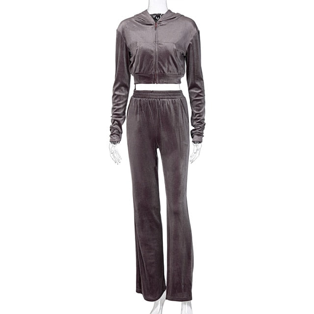 Velvet Women 3 Piece Set Hoodie Sweatshirt Zipper Tube Crop Top High Waist Wide Leg Pants Tracksuit Sporty Casual Outfit-Dollar Bargains Online Shopping Australia