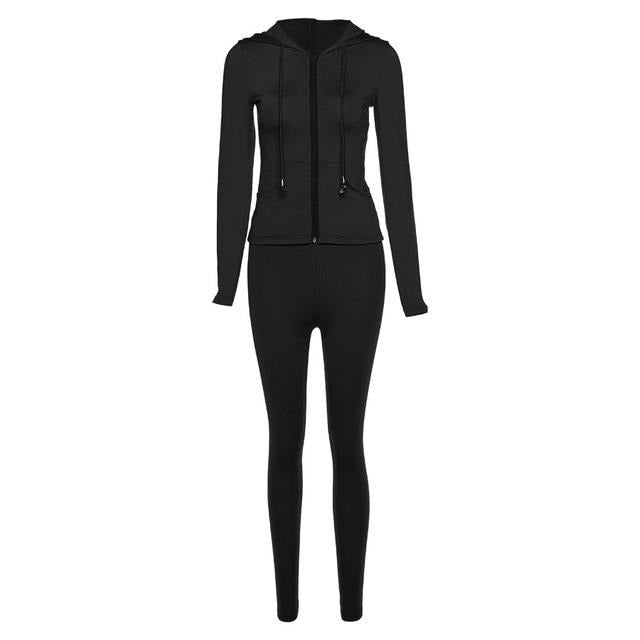 two piece set women long sleeve hooded zipper pocket sporty Jackets+leggings matching sets workout stretchy outfits-Dollar Bargains Online Shopping Australia